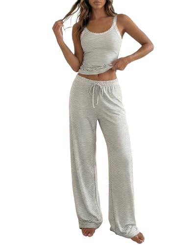 BTFBM Lounge Sets For Women 2026 Striped 2 Piece Sets Spaghetti Strap Summer Tops Wide Leg Pants Beach Vacation Outfits(Striped White Black, Small) - Image 1