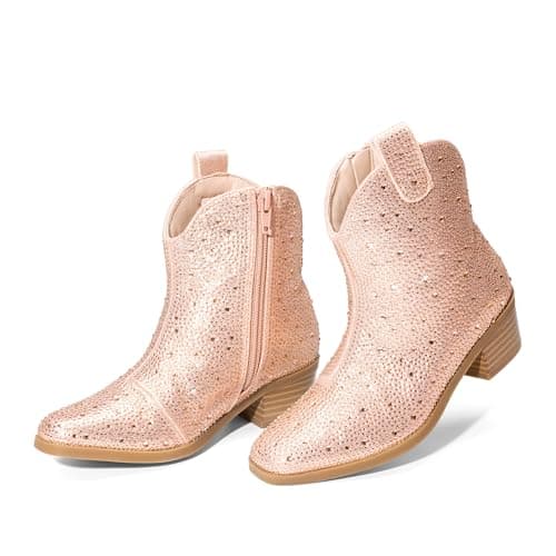DREAM PAIRS Girls Cowgirl Cowboy Rhinestone Boots Ankle Low Heel Dress Booties,Size 3 Little Kid,Champagne,SDBO2407K - Image 1