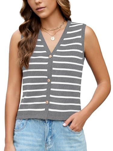 KORSIS Sweater Vest Tops for Women Light Gray White Striped Medium Button up Summer Fall Outfits Fashion Casual Shirts Coat Knit Cardigan jacket Work Clothes - Image 1