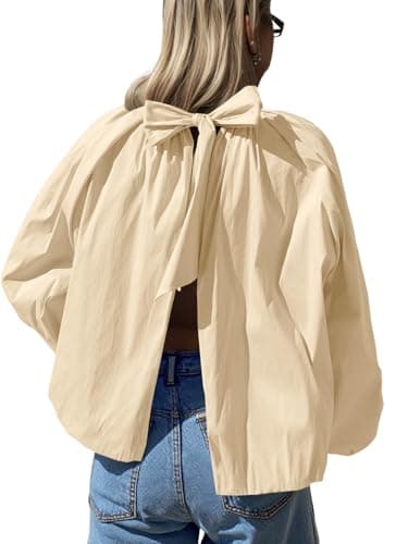 Tankaneo Womens Babydoll Tops Puff Long Sleeve Open Back Bow Tie Blouses Bubble Mock Neck Pleated Shirts Apricot - Image 1