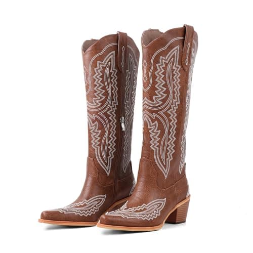 LingxiaUne Women’s Western Cowboy Boots – Embroidered Tall Shaft Mid Calf Chunky Heel Boots for Stylish & Comfortable Wear, Size 8 - Image 1
