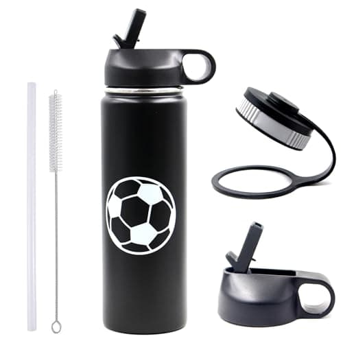 22 oz Soccer Water Bottle, Stainless Steel Vacuum Insulated Water Bottle with Straw and 2 Lids, Double Wall Leakproof Sports Flask, Soccer Gifts for Boys, Kids, Girls, Coach - Image 1