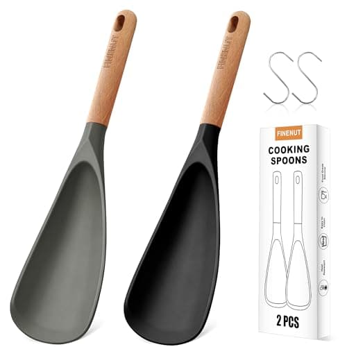 FINENUT 2-Pack Silicone Cooking Spoons with Wood Handle & S-Hooks - Heat Resistant 446°F Spoonula for Nonstick Cookware - BPA Free Multifunction Spatula Spoon for Mixing, Scooping&Serving (Black&Gray) - Image 1