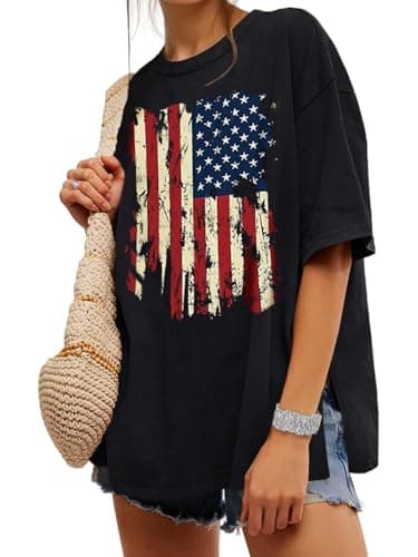 UNCLECAT Womens 4th of July Oversized T Shirts Summer Trendy Short Sleeve Crew Neck Tops Loose Fit Side Slit Tee - Image 1