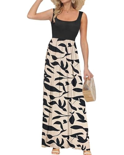 AUSELILY Women's Plus Size Maxi Beach Vacation Dress 2026 Square Neck Sleeveless Floral Loose Long Dresses with Pockets Black Leaf Apricot 3XL - Image 1
