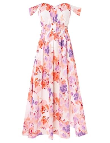 GRACE KARIN Summer Floral Dress for Women 2026,Off the Shoulder Smocked Bridesmaid Dresses,Formal Baby Shower Maxi Dresses White-Purple Red XL - Image 1