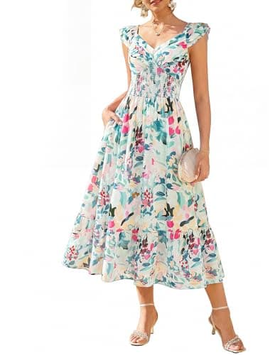 GRACE KARIN Women's Summer Floral Maxi Dress 2026 Ruffle Sleeve Smocked Sundress Flowy Wedding Guest Long Dresses Multicolor 2XL - Image 1