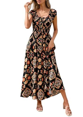 PRETTYGARDEN Boho Maxi Dresses for Women 2026 Summer Floral Wedding Guest Dress Resort Wear Spring Long Flowy Beach Sundress (Black Multicolored Floral,XX-Large) - Image 1