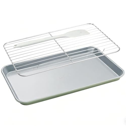 Ymiton 7PCS Ceramic-Coated Baking Sheet Set - 10x15in Jelly Roll Pan Non-Stick Cookie Sheet with Wire Rack, Silicone Spatula & 4 Cookie Cutters, PFAS Free, Oven Safe (550°F), Pistachio Green - Image 1