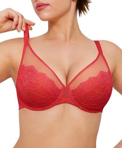 Popilush Red Lace Bra Minimizer Bras for Women Full Coverage Push Up Bra Underwire Bras Size 36D - Image 1