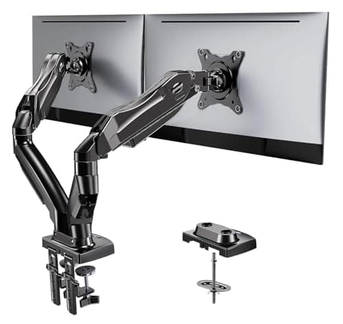 HUANUO FlowLift™ Dual Monitor Stand, Fully Adjustable Gaming Monitor Desk Mount for 13–32″ Computer Screens, Full Motion VESA 75x75/100x100 with C-Clamp & Grommet Base, Each Arm Holds 4.4 to 19.8 lbs