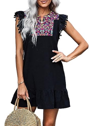 KIRUNDO Women's 2026 Summer Mini Dress Spring Casual V Neck Floral Embroidered Ruffle Sleeveless Shift Flowy Boho Dress (B-Black, X-Large) - Image 1