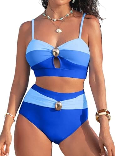 Herseas Women's 2 Piece Blue Colorblock Bikini Sets Oval Metal Removable Pads Swimsuits High Waisted 2026 Bathing Suits Supportive Cutout Wire Free Casual Vacation Outfits Large - Image 1