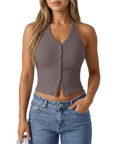 G4Free Backless Halter Top Y2K Going Out Ribbed Cropped Tank Tops Open Back V Neck Camisole Slim Fit (Taupe,XL) - Image 1