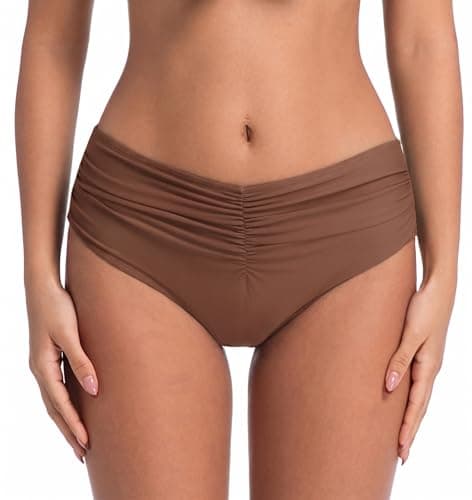 COCOPEAR Mid Rise Bathing Suit Bottoms for Women Ruched Tummy Control Swim Bottoms Full Coverage Bikini Bottoms for Women Dark Brown M - Image 1