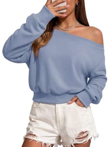 ATHMILE Womens Blue Off the Shoulder Sweatshirt Crop Top Long Sleeve Pullover Comfy Sexy Y2K Casual Fall Outfits 2026 - Image 1