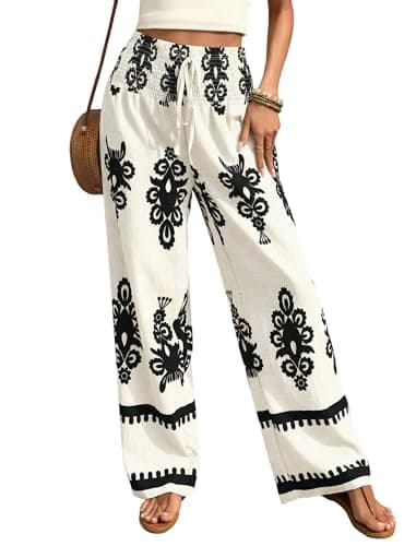 ZAFUL Boho Pants for Women Floral High Waisted Wide Leg Palazzo Pants Summer Trendy Casual Lounge Pants Women Vacation White&Black M - Image 1