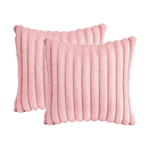 GriNeed Throw Pillow Covers Decorative Faux Fur Set of 2 18x18 Inch Pillow Covers, Soft Pink Striped Pillowcases for Couch Sofa Bed Living Room, Fluffy Cute Home Boho Accent Fuzzy Decor - Image 1