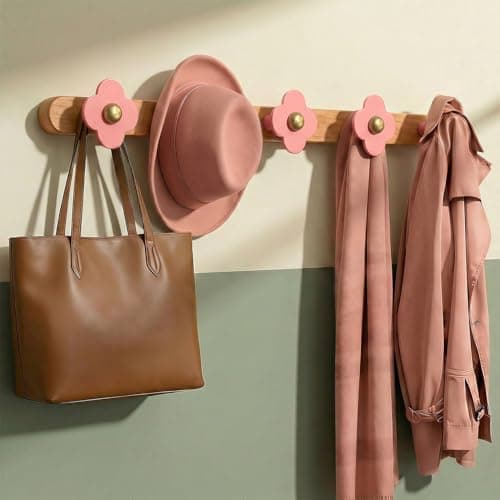 Tindbea Upgreded Cheery Wood Wall Hooks Heavy Duty Coat Rack Wall Mount 5 Hooks for Coat, Purse, Hat, Robe, Towel, Clothes, Decorative Home Storage for Bathrooms, Eentryway, Kitchen Door, Pink - Image 1