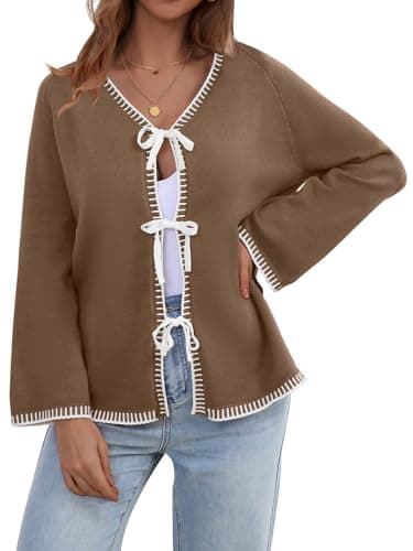 JUYUEO Tie Front Bow Cardigan for Women Trendy Long Sleeve Knit Open Front Sweater Casual Fall Winter Clothes 2026 Light Coffee L - Image 1