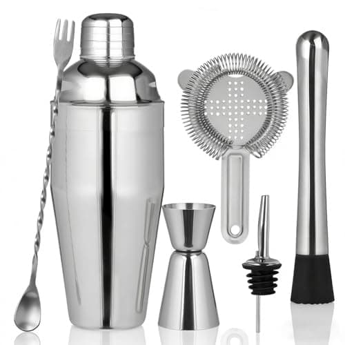 6 Piece Cocktail Shaker Set,24oz Shaker Strainer Muddler Jigger Mixing Spoon Pourers, Bartender Kit Stainless Steel Bar Set Ideal Bar Accessories for Home, Gift for Christmas, Birthday, Beginners - Image 1