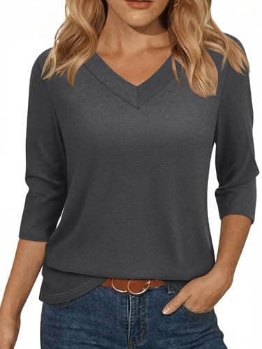 YESTTO Womens Tops 3/4 Sleeve V Neck Tunic Tops Casual Loose Fit Shirts Soft Lightweight Blouses Tees Black-Grey (XXL) - Image 1
