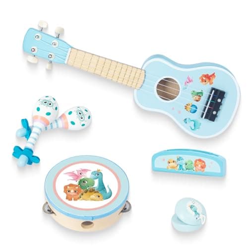 WoodenEdu Kids Guitar for Girls, Wooden Musical Instruments Toys with Ukulele, Tambourine, Maracas, Harmonica, Mini Band Sets for Toddlers 2 3 Years Old Birthday Gift (Blue for Boys) - Image 1