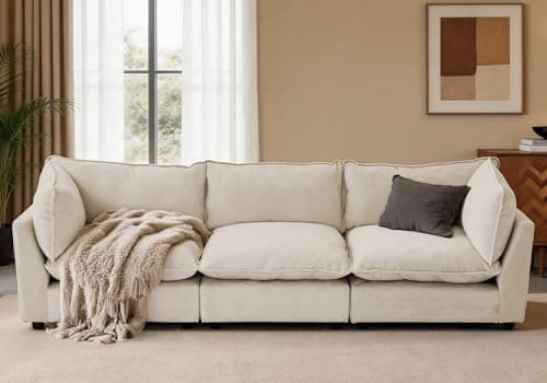 Iroomy Modular Sectional Sofa, Oversized Chenille Cloud Couch, Deep Comfy Seat, 3-Seater Sofas Couches for Living Room, Beige, High Feet - Image 1