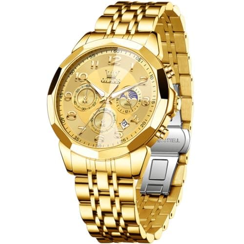 OLEVS Watch Men Luxury Gold Big Face Moon Phase Chronograph Stainless Steel Dress Waterproof Watches for Men Classic Metal Easy Reader Date Analog Quartz Mens Watches Relojes para Hombre - Image 1