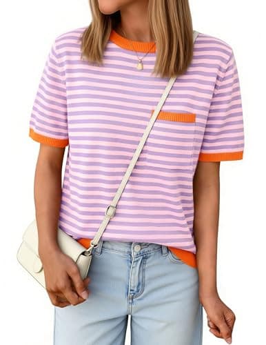 Aprolive Womens Striped Shirt with Contrast Ribbed Short Sleeve Knit Sweater Elegant Fit for Summer Dressy Casual(6-Orange Purple,Medium) - Image 1