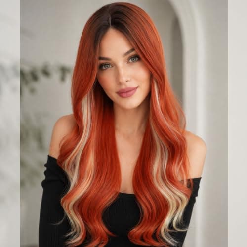 Barbique Long Wavy Wig for Women, Heat Resistant Synthetic Hair, Highlight Orange Mix Blonde Curly Wig, Natural Looking Glueless Wig for Daily Wear