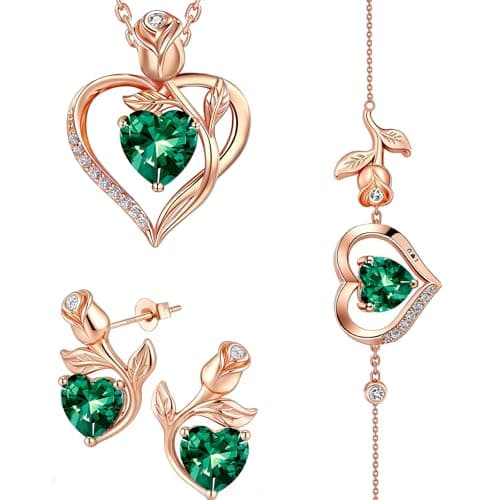 JACUPO Rose Heart Necklace Earrings Bracelet Set Moissanite/Lab-Grown Sapphire/Ruby Options S925 Silver Plated 18K White Gold Engraved I LOVE YOU Ideal for Mother's Day Proposal Gift for Girlfriend Wife (Necklace 1.2CT / Earrings 0.8CT)