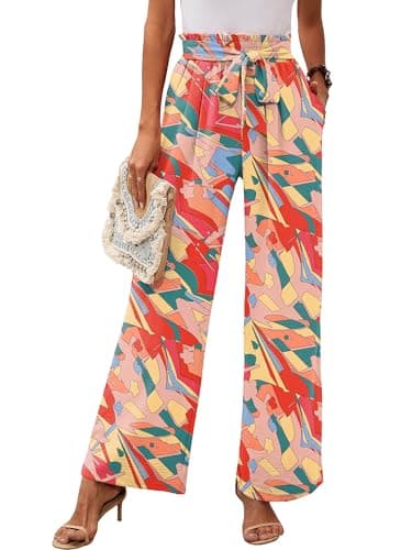 Heymoments Women's Wide Leg Lounge Pants with Pockets Floral Print Large Lightweight High Waisted Adjustable Tie Knot Loose Comfy Casual Trousers - Image 1