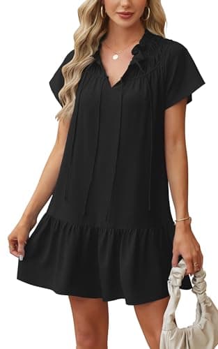 Angashion Womens Summer Mini Dress Short Sleeves V Neck Dresses Ruffle Casual Tie Sundress with Pockets Black X-Large - Image 1