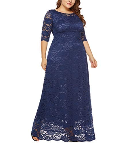 Eternatastic Womens Floral Lace 2/3 Sleeves Maxi Dress Evening Party Long Dress 5XL Deep Blue