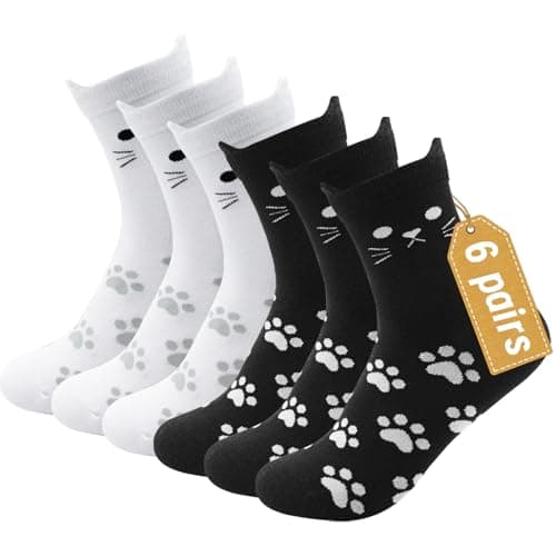 NKMOOS 6 Pairs Cotton Cat Socks for Women, Cute Black and White Cat Crew Socks Size 9-11 Soft Breathable Novelty Animal Socks, Fun Gift for Cat Lovers - Image 1