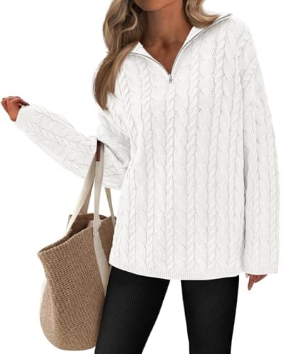 PRETTYGARDEN Womens Spring Sweaters 2026 Long Sleeve Quarter Zip Pullover Sweater Casual Loose V Neck Cable Knit Jumper Tops (White, Large) - Image 1
