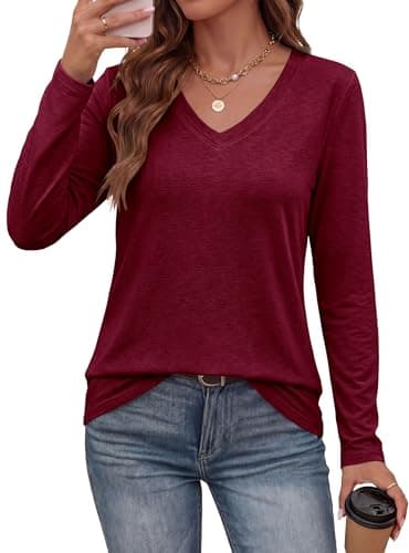 PRETTYGARDEN Womens Long Sleeve Shirts V Neck Basic Tees (Burgundy,S) - Image 1