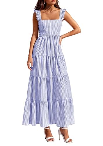 PRETTYGARDEN Womens 2026 Summer Casual Maxi Dresses Striped Square Neck Sleeveless Boho Flowy Sundress Beach Vacation Clothes (Blue,Large) - Image 1