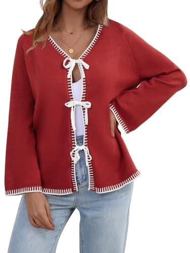 JUYUEO Tie Front Bow Cardigan for Women Trendy Long Sleeve Knit Open Front Sweater Casual Fall Winter Clothes 2026 Red S - Image 1