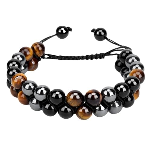 Triple Protection Bracelet, Healing Crystals Tigers Eye Black Obsidian Hematite 8mm Beads Bracelet for Men Women, Elastic Adjustable Crystal Jewelry Stone Bracelets Gifts for Men Women, Spiritual Healing (Exquisite Box/ Pouch) - Image 1