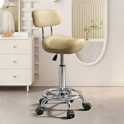 Walktory Vanity Chair with Back Small Armless Office Chair with Wheels and Footrest, PU Leather Adjustable Height Swivel Chair for Bedroom, Home Office Khaki - Image 1