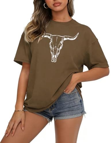 Women's Boho Cow Skull Graphic Tee Vintage Western Cowgirl Rodeo Short Sleeve T Shirt Casual Summer Top - Image 1