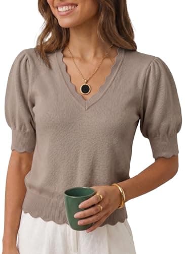 MONORA Women’s Short Sleeve Sweater Puff Sleeve Scalloped V Neck Knit Top Lightweight Pullover for Work Business Casual Khaki - Image 1