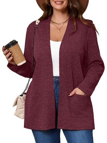 AusLook Women's Plus Size Lightweight Open Front Cardigan Burgundy 5X Causal Long Sleeve Sweater Cover Ups Jacket Shrugs Tops Shawls and Wraps Kimono - Image 1