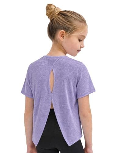 Wenlia Girls Athletic Shirts Short Sleeve Activewear Tops Back Slit Sports T Shirts for Running Tennis, Purple, 13-14 Years, 160 - Image 1