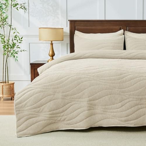 DOWN HOME Crinkle Textured Velvet Quilt Set with Shams, All-Season Luxury Modern Bedding,Easy Care Comforter,Ultra-Soft,Lightweight & Breathable, Cali King, Ivory White - Image 1