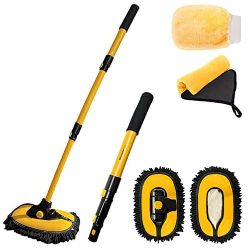 YeewayVeh Car Wash Brush Mop with Long Handle, Car Wash Kit with 2 Chenille Mop Heads, 15° Curved Extension Pole Scratch-Free Microfiber Mitt Sponge Car Cleaning Supplies Accessories, Yellow/Black