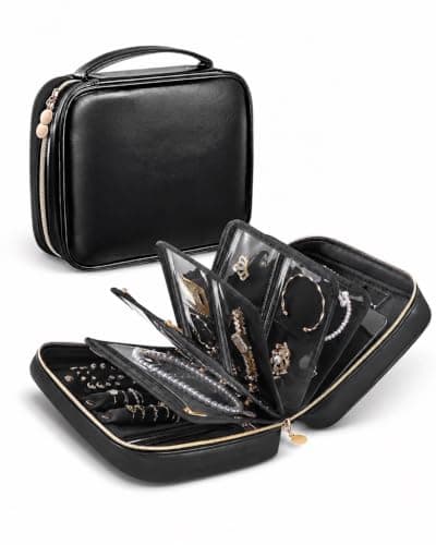 Lolalet Travel Jewelry Notebook Organizer Case, Large Jewelry Binder Book with Individual Pouches, Portable Leather Zippered Bag for Jewelry Storage of Earring, Ring & Necklace, Gift for Women -Black - Image 1