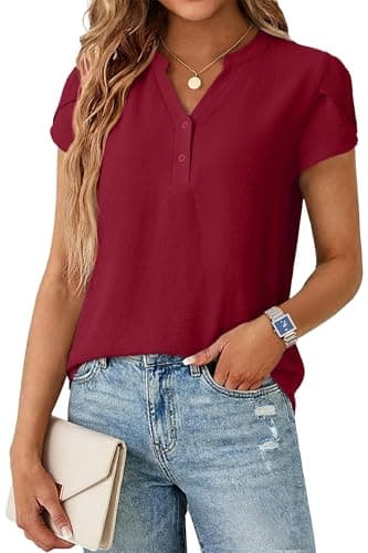 Lepunuo Womens Blouses Dressy Casual Henley Tops Summer V Neck Business Work Shirts Cap Sleeve Tshirts Vacation A - Wine Red - Image 1
